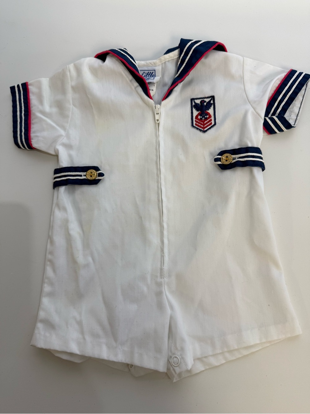 Vintage Little Bit Kids White Sailor Romper with Navy & Red Trim
